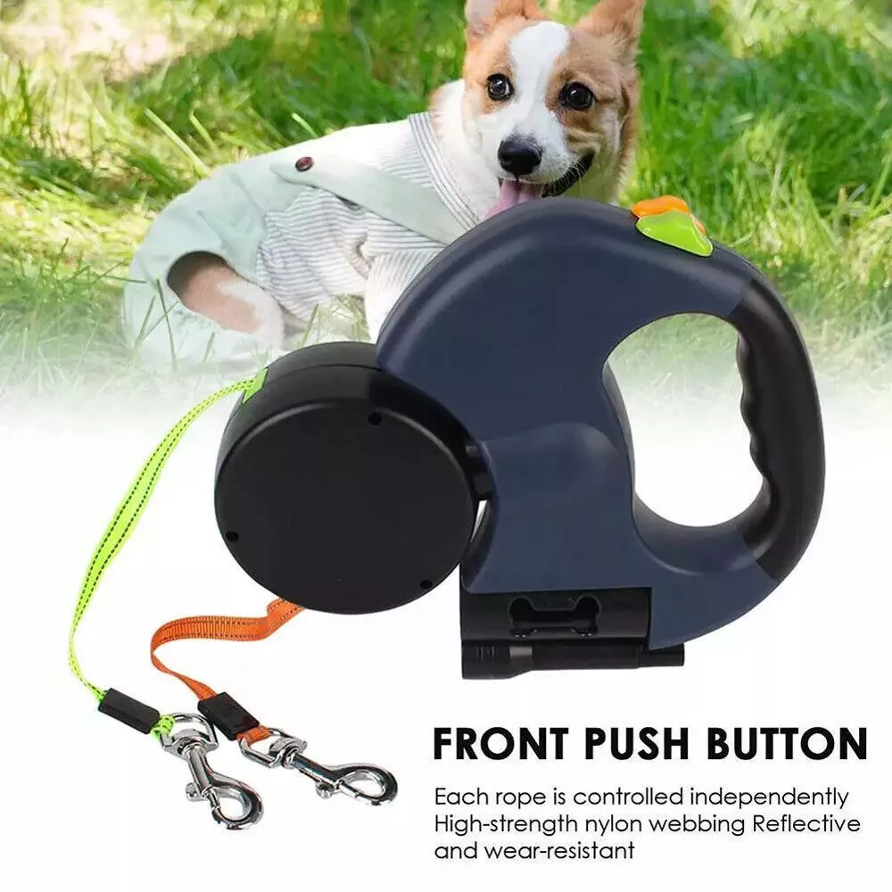 Dual Pet Leash Retractable Reflective Lead 360 Swivel Double Dog Walking Leash