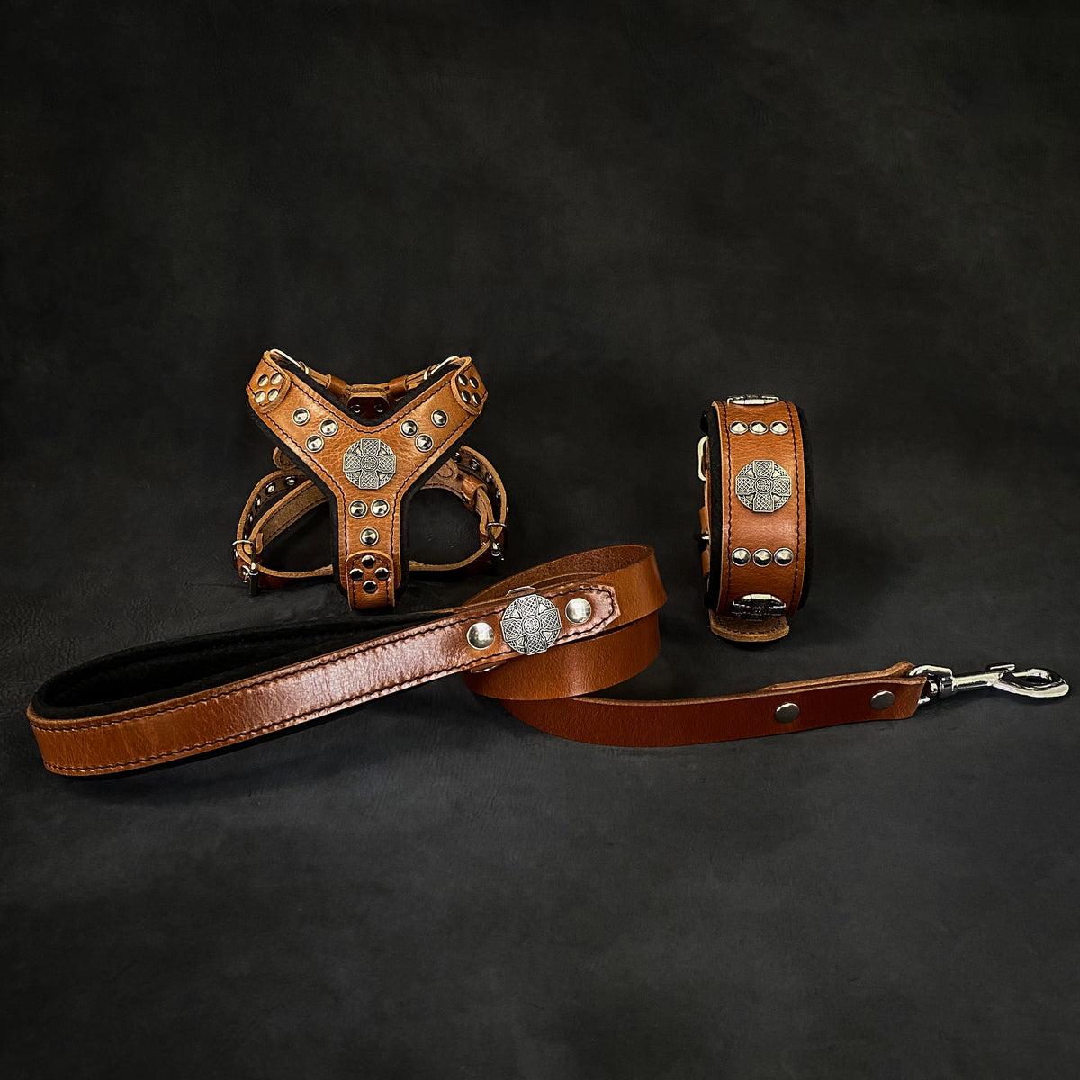 "Maximus Brown&Silver" Small dog SET - Harness - collar - lead